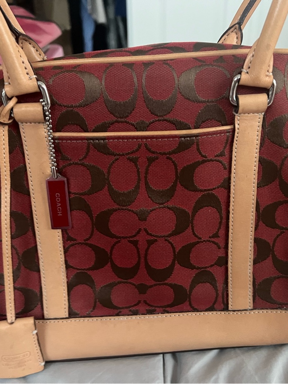 Coach Red and Brown Signature Tote with Tan Leather Trim